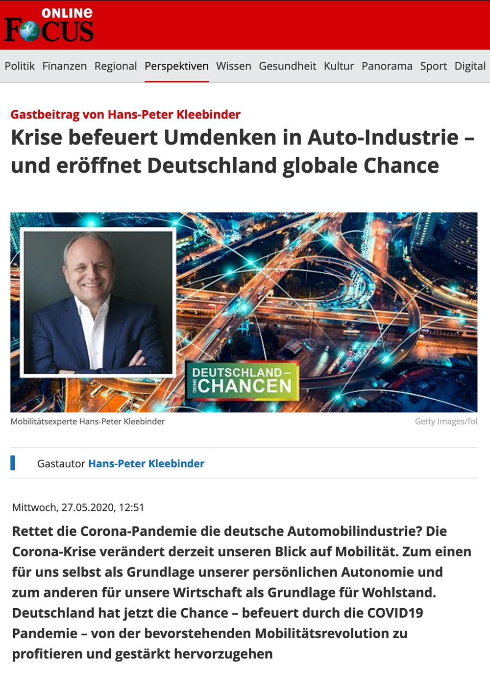 Cover: Focus Online - Krise Befeuert Umdenken in Auto-Industrie und eröffnet Deutschland globale Chancen